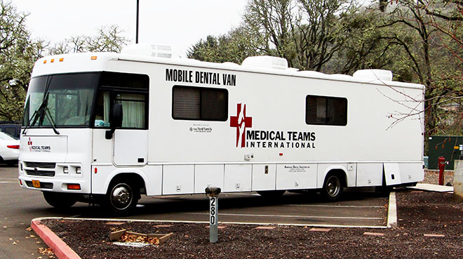 The free dental van serves students with evaluations, x-rays, amalgams, resin, sedatives and extractions. 