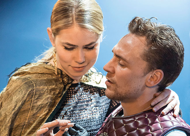 Coriolanus (Tom Hiddleston) chides a riotous populace in the National Theatre production of “Coriolanus.”