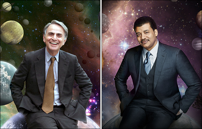 Carl Sagan, original host of the Cosmos, passes the torch to Neil deGrasse Tyson.